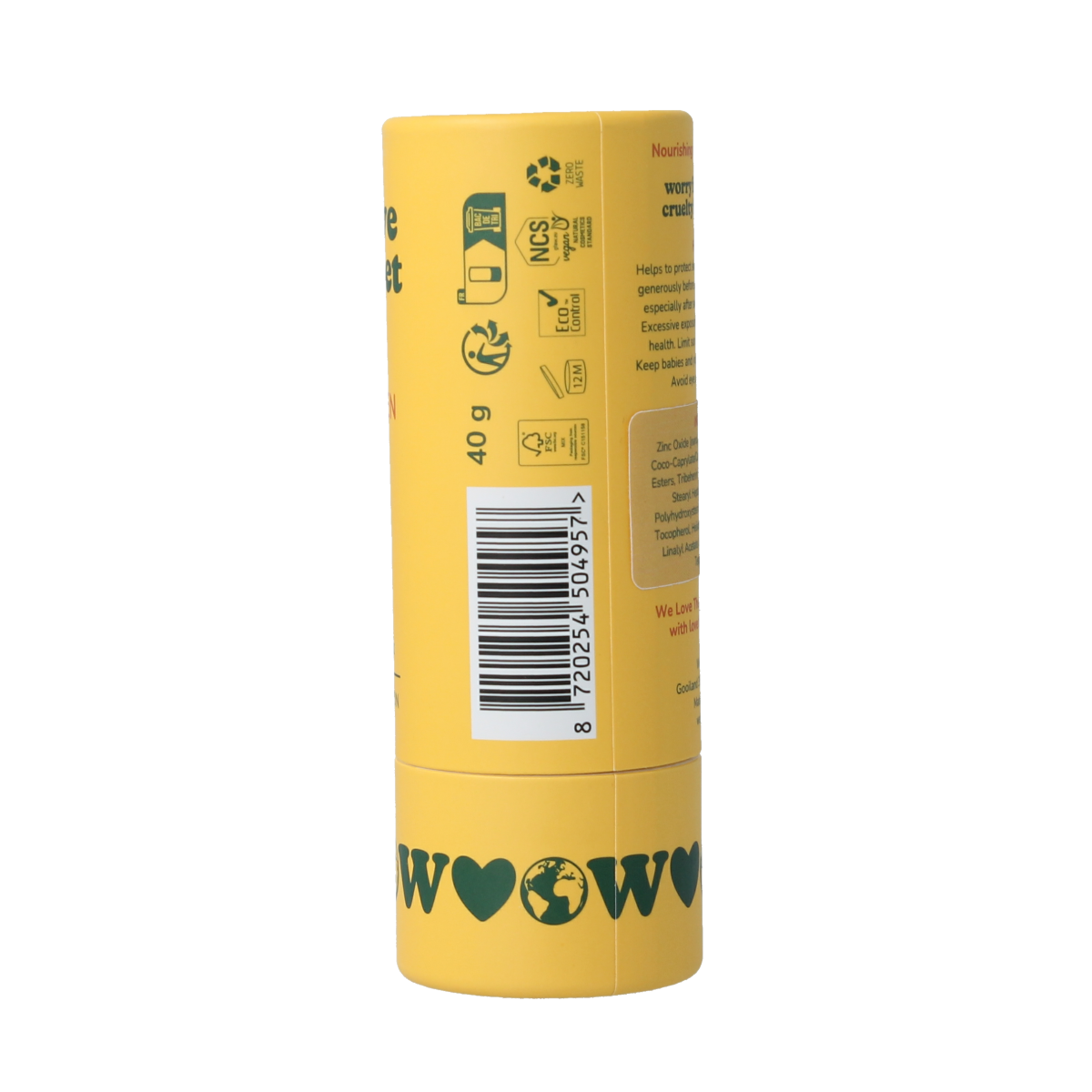 We Love The Planet vegan SPF50 sunscreen stick in 40g, featuring a compact Zonnen design with smooth, eco-friendly packaging.