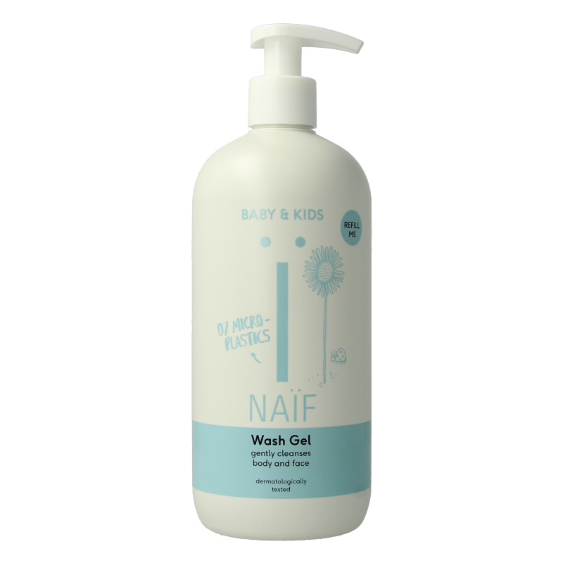 Naif Baby Washgel cleansing in a 500ml bottle, gentle baby and toddler skincare product with a clear pump dispenser.