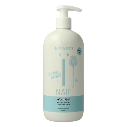 Naif Baby Washgel cleansing in a 500ml bottle, gentle baby and toddler skincare product with a clear pump dispenser.