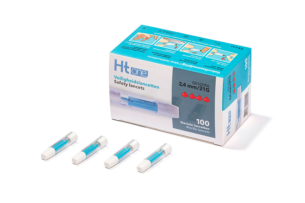 HT One safety lancets 2.4 mm, 100 pack, for blood sampling, featuring a secure and hygienic design.