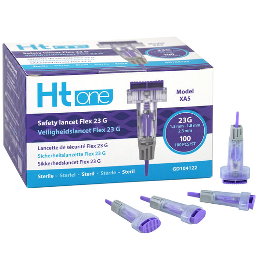 HT One Safety lancet Flex 23G with 1.3, 1.8, and 2.3mm needle sizes, used for blood sampling, shown in the image.