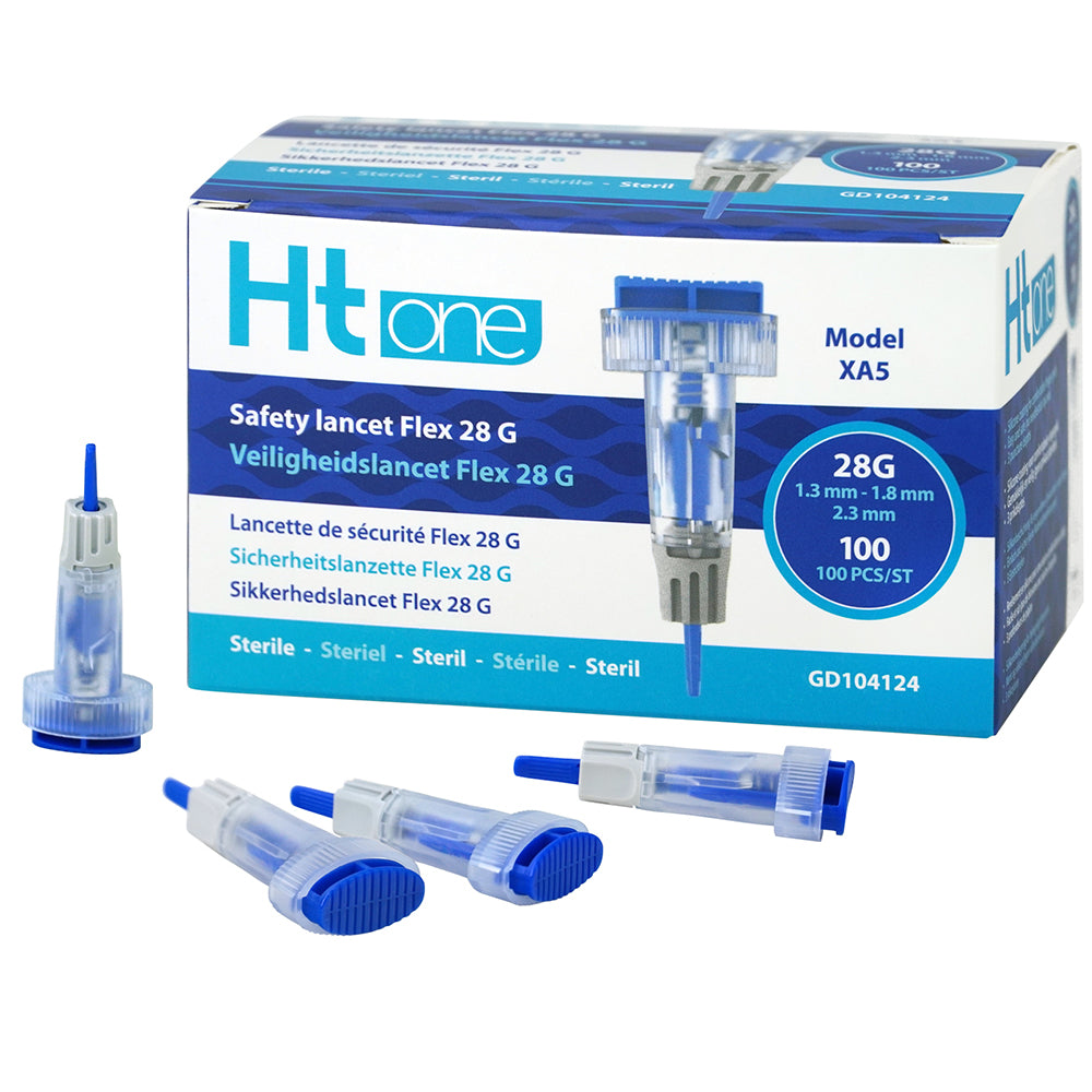 HT One Safety Lancet Flex 28G for blood sampling, 1.3/1.8/2.3mm, pack of 100 safety lancets and needles.