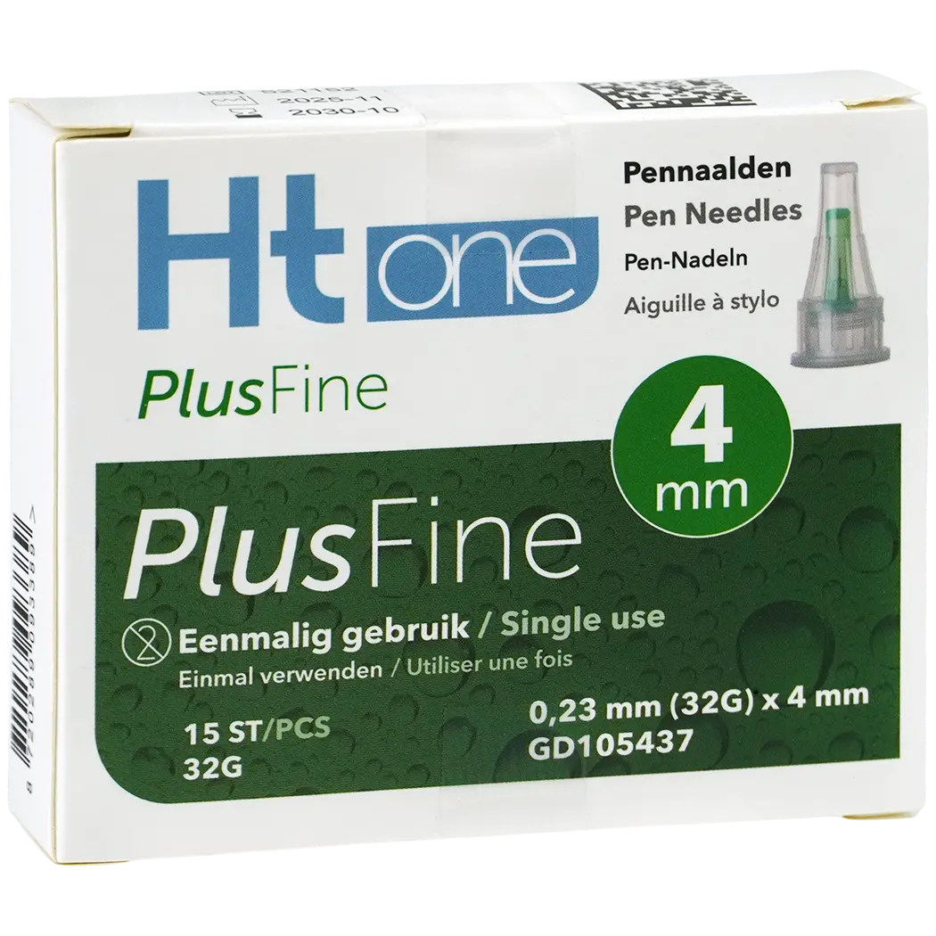 HT One Plusfine lancetten with 4mm 32G needle, pack of 15 sterile pen needles for blood glucose testing.