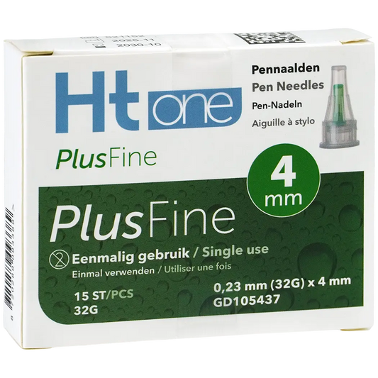 HT One Plusfine lancetten with 4mm 32G needle, pack of 15 sterile pen needles for blood glucose testing.