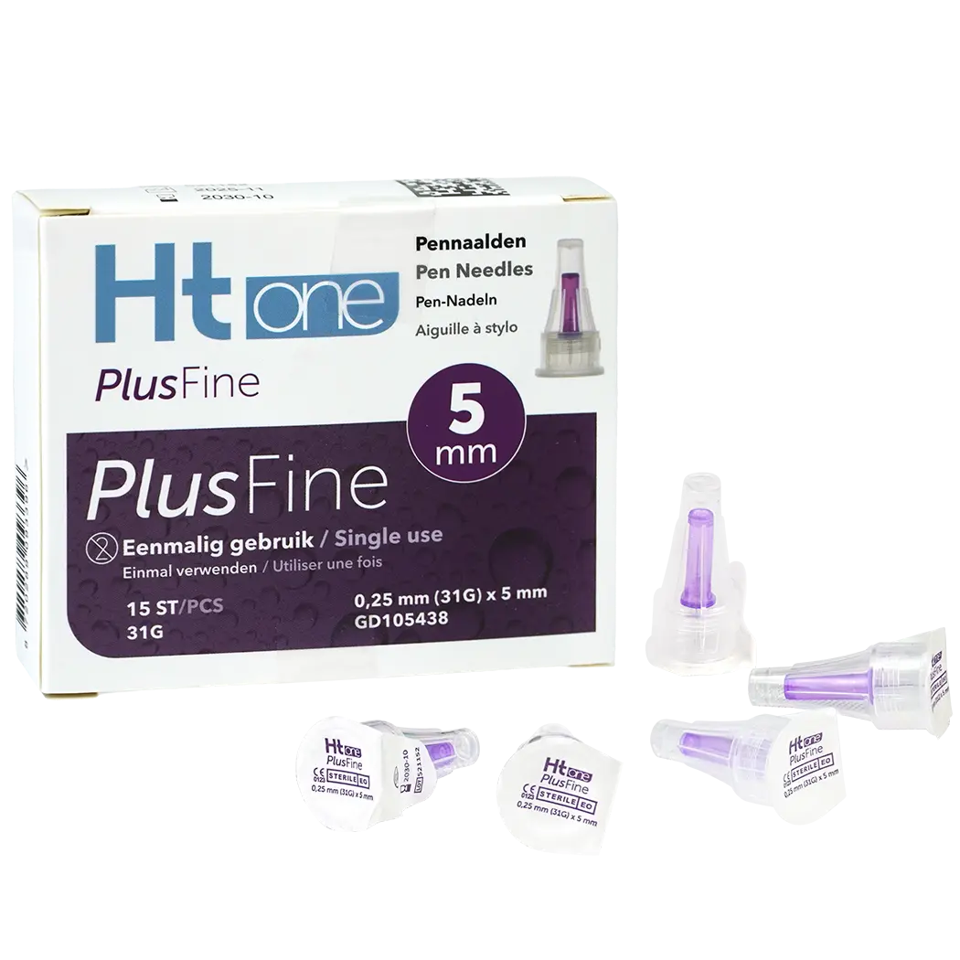 HT One PlusFine lancetten and needles, 5mm 31G, pack of 15, for blood glucose testing, manufactured by HT One.