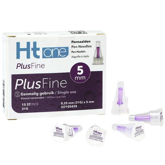 HT One PlusFine lancetten and needles, 5mm 31G, pack of 15, for blood glucose testing, manufactured by HT One.