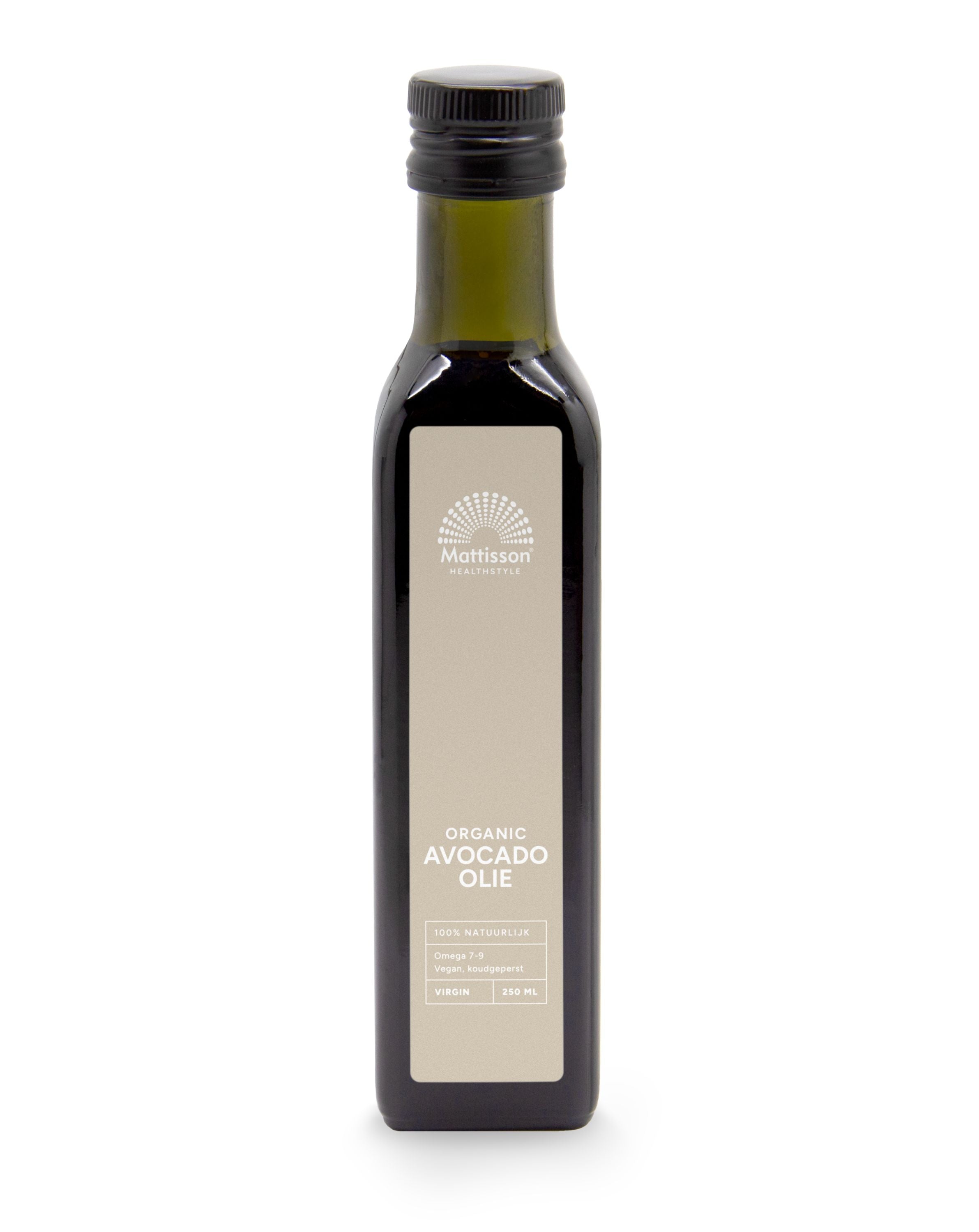 Mattisson virgin cold-pressed organic avocado oil bottle, 250ml, with a clear label and golden-green oil inside.