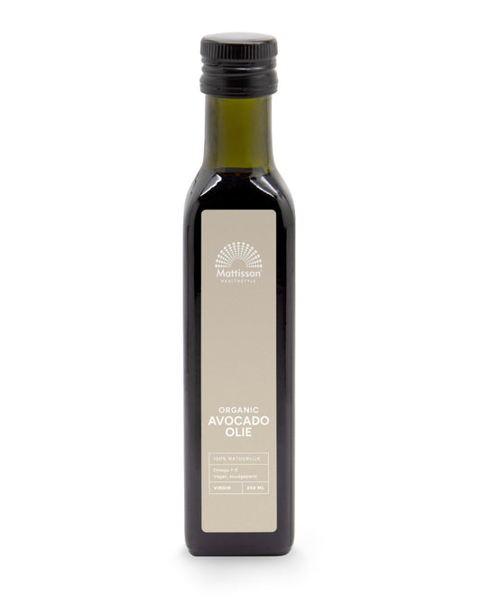 Mattisson virgin cold-pressed organic avocado oil bottle, 250ml, with a clear label and golden-green oil inside.