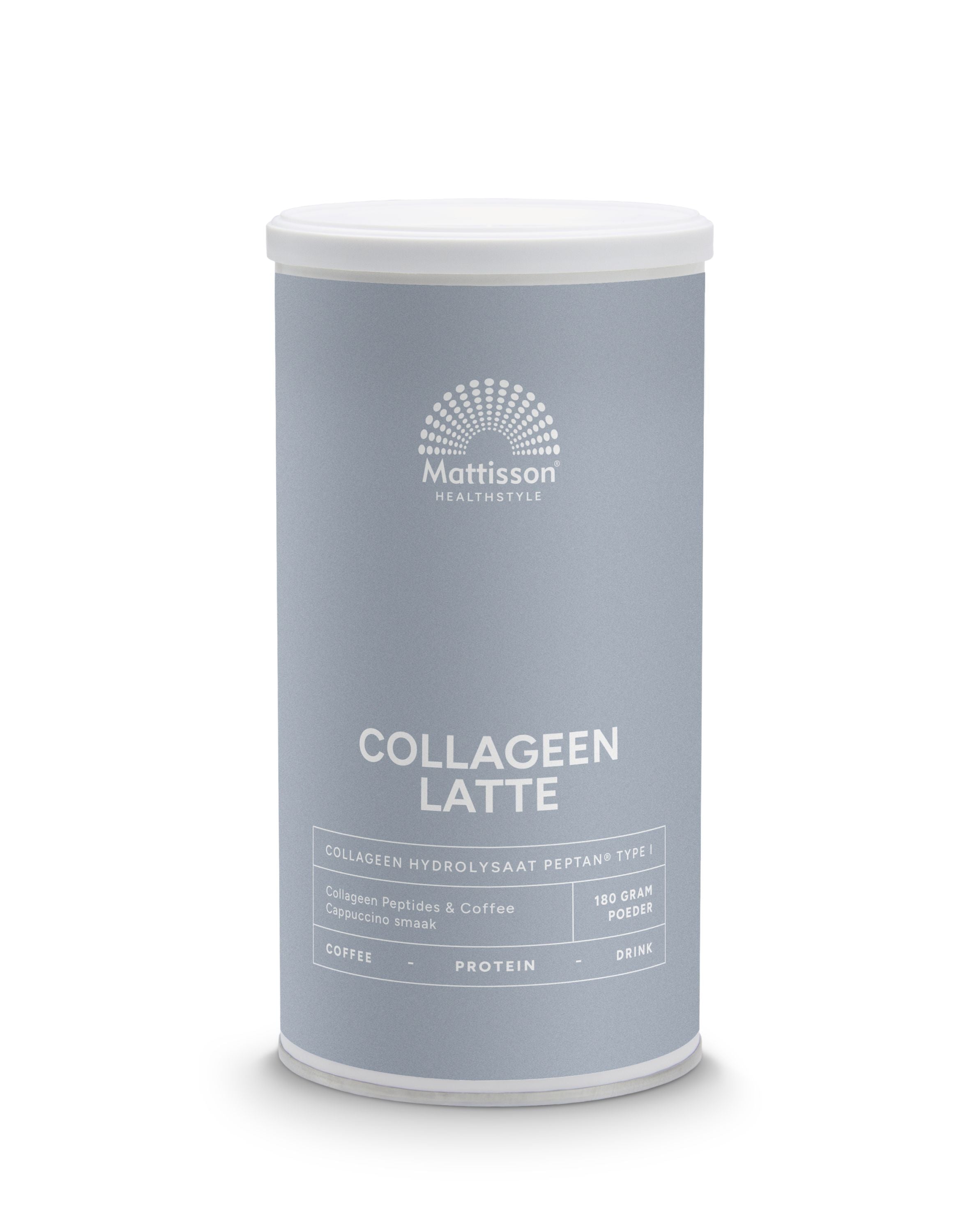 Mattisson Absolute Collagen & Latte Instant Coffee drink in 180g package, showing the coffee powder and packaging front.