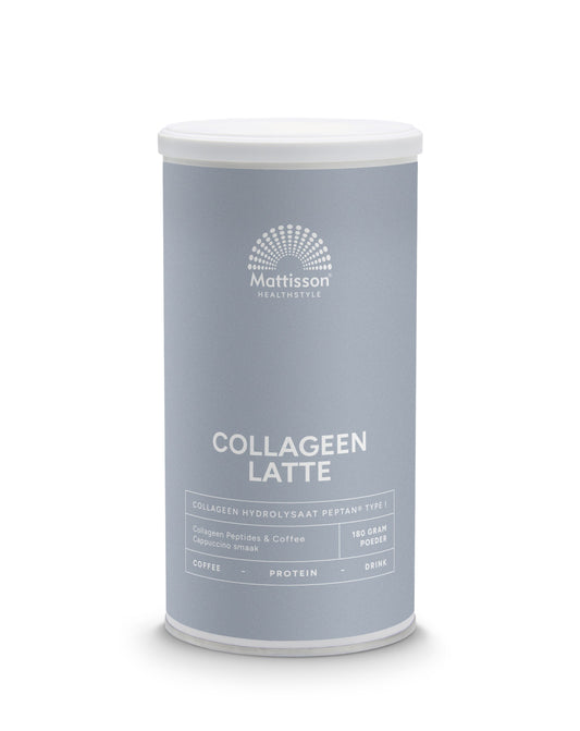 Mattisson Absolute Collagen & Latte Instant Coffee drink in 180g package, showing the coffee powder and packaging front.