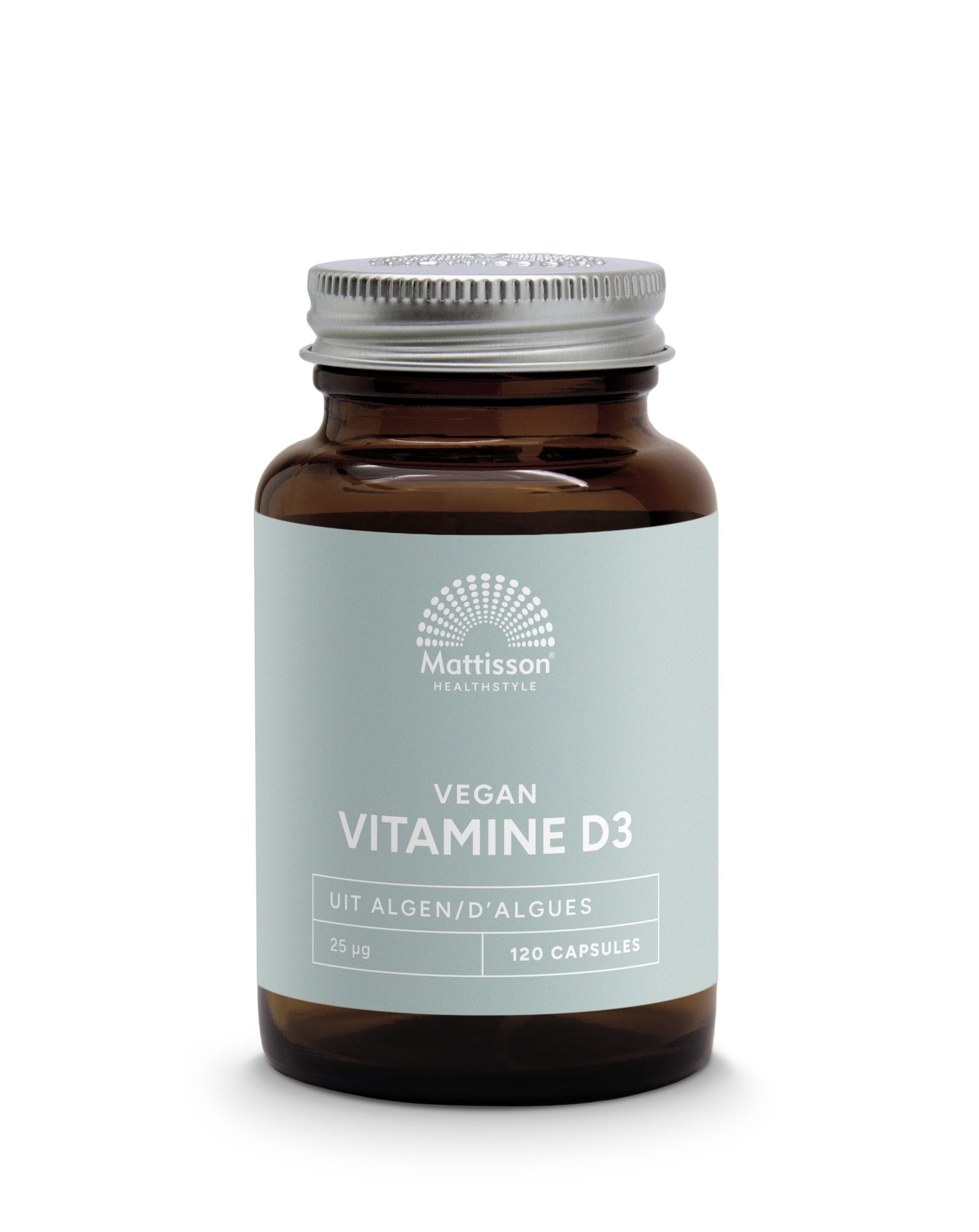 Mattisson Vegan Vitamin D3 25mcg (1000IU) vegetarian capsules, showing the supplement bottle and capsules inside.