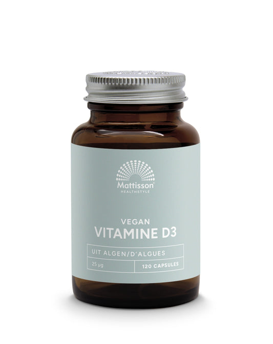 Mattisson Vegan Vitamin D3 25mcg (1000IU) vegetarian capsules, showing the supplement bottle and capsules inside.