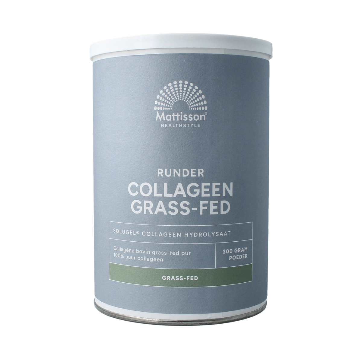 Mattisson Solugel collagen amino acids in 300g package, grass-fed, natural supplement for skin and joint health.