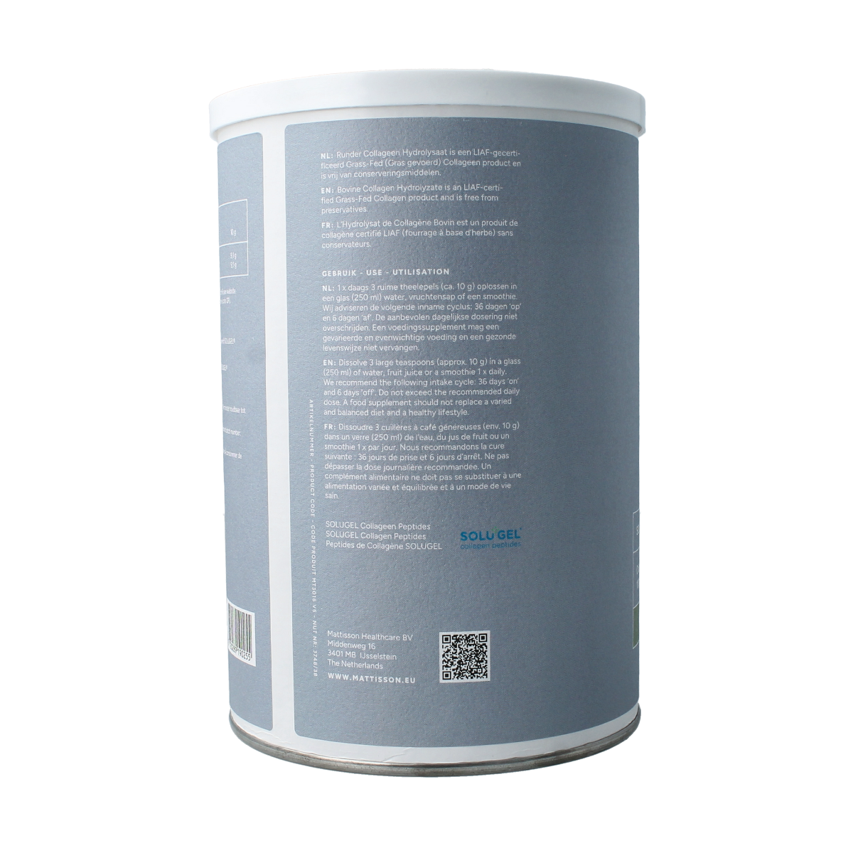 Mattisson Solugel grass-fed collagen amino acids in 300g container, natural supplement for skin and joint health.