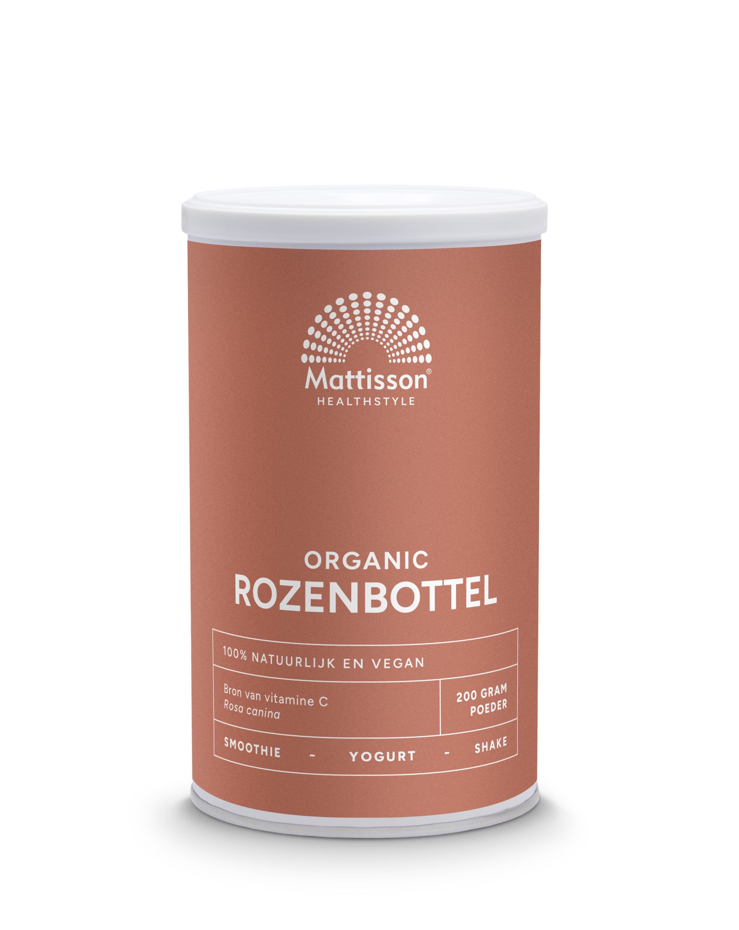 Organic Mattisson rosehip powder in a 200g package, raw superfood with vibrant rosehip berries visible in the image.