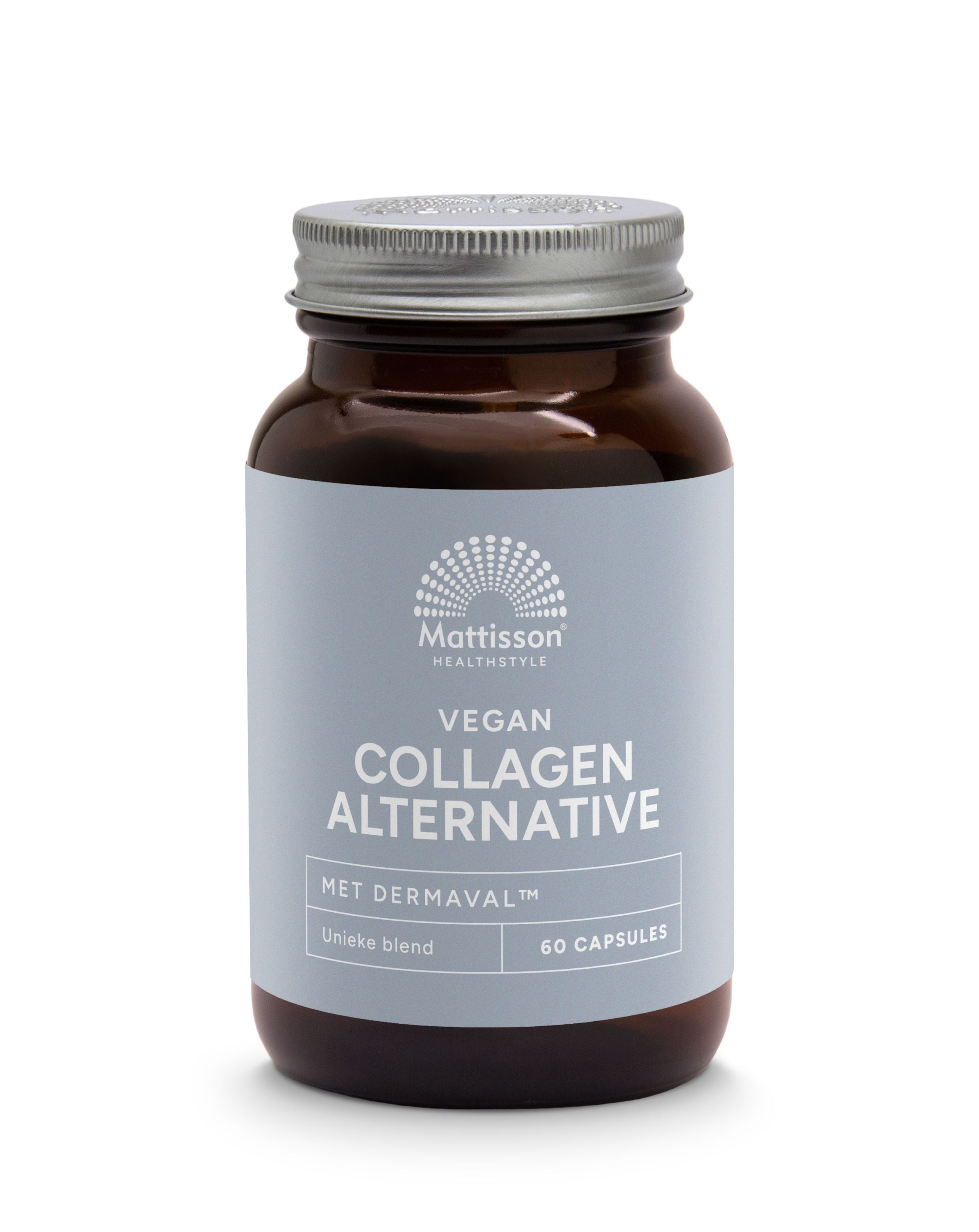 Vegan collagen alternative capsules by Mattisson, vegetarian herbal supplement in a bottle of 60 capsules.