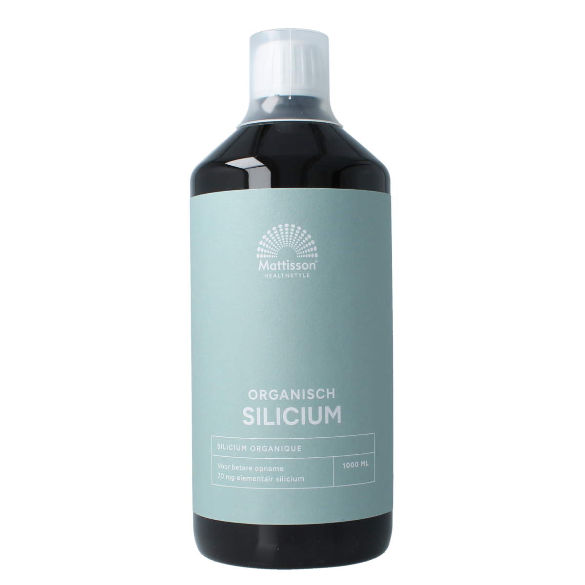 Bottle of Mattisson Organisch Silicium 70mg mineral supplement, 1-liter size, with label showing product details.