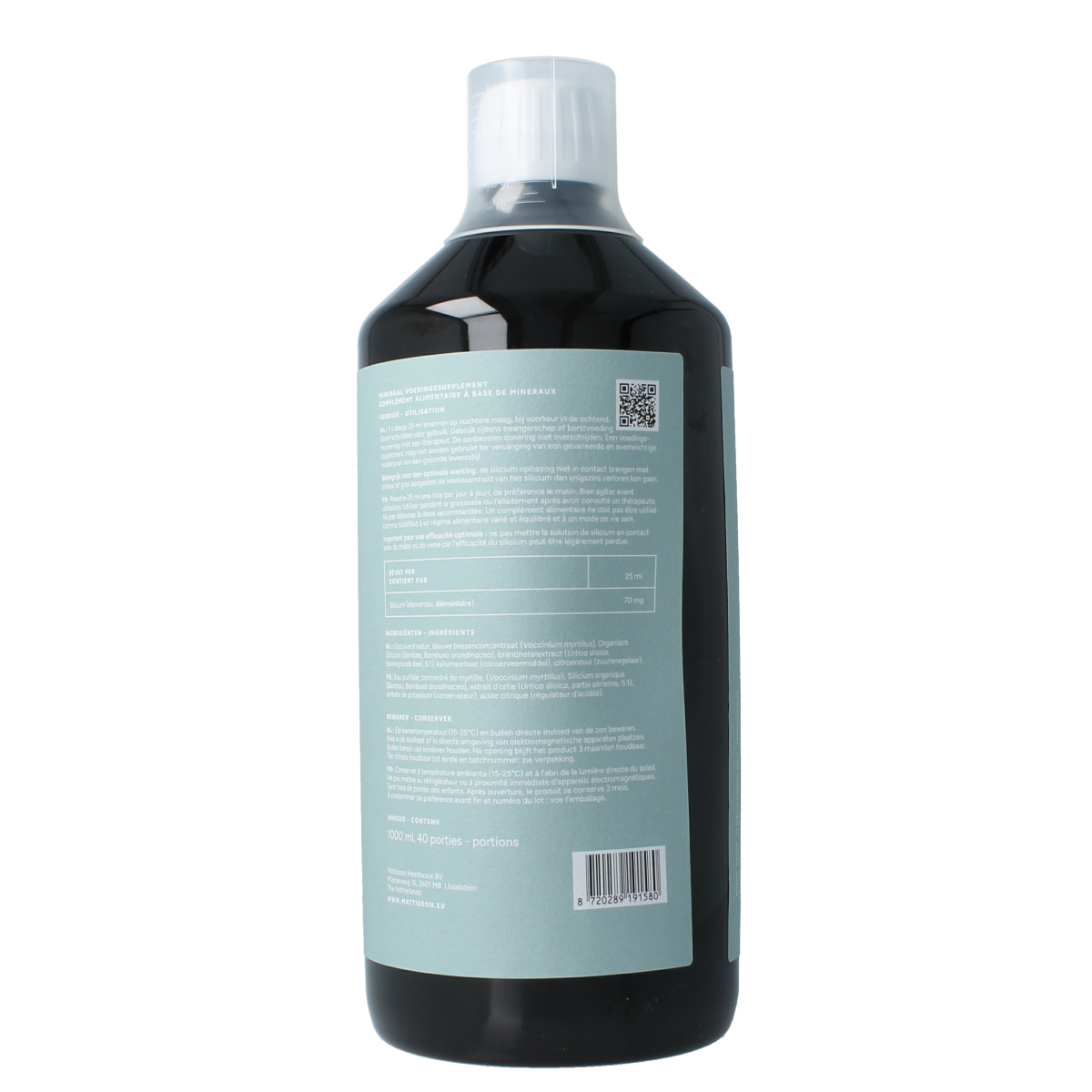 Organic silicium mineral supplement by Mattisson, 70mg in a 1-liter bottle, shown in the image.
