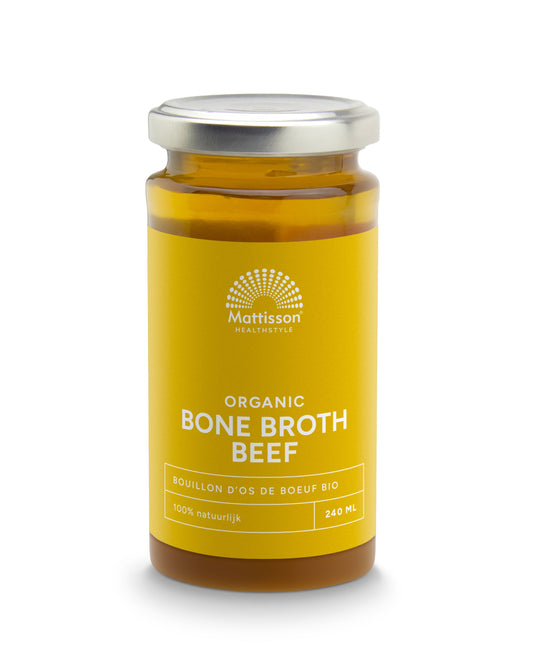 Organic beef bone broth by Mattisson, 240ml, in a clear jar, showcasing rich, golden beef broth suitable for soups and bouillons.
