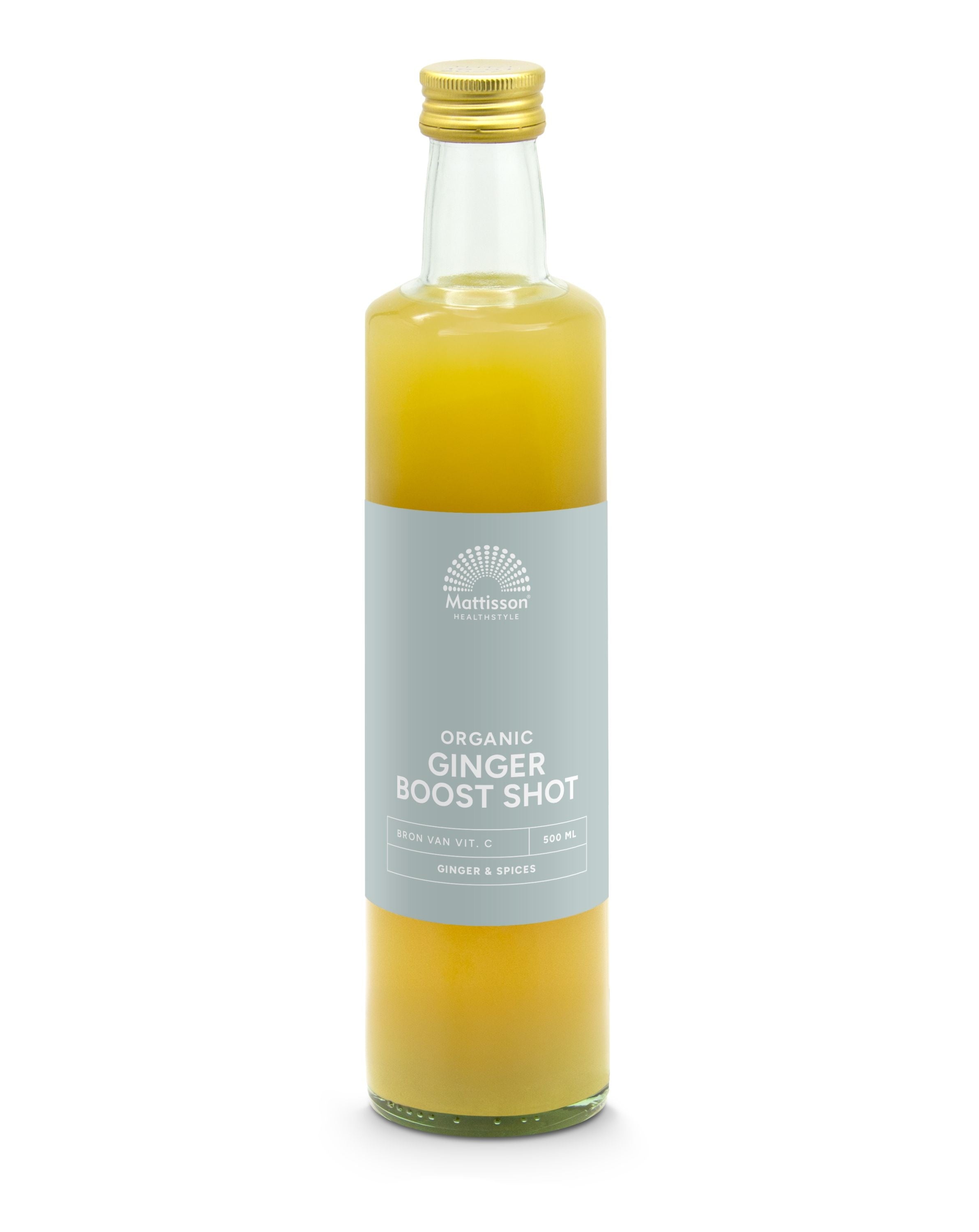 Mattisson Organic ginger boost shot in a 500ml bottle, natural ginger drink with healthy boost ingredients in a clear plastic container.