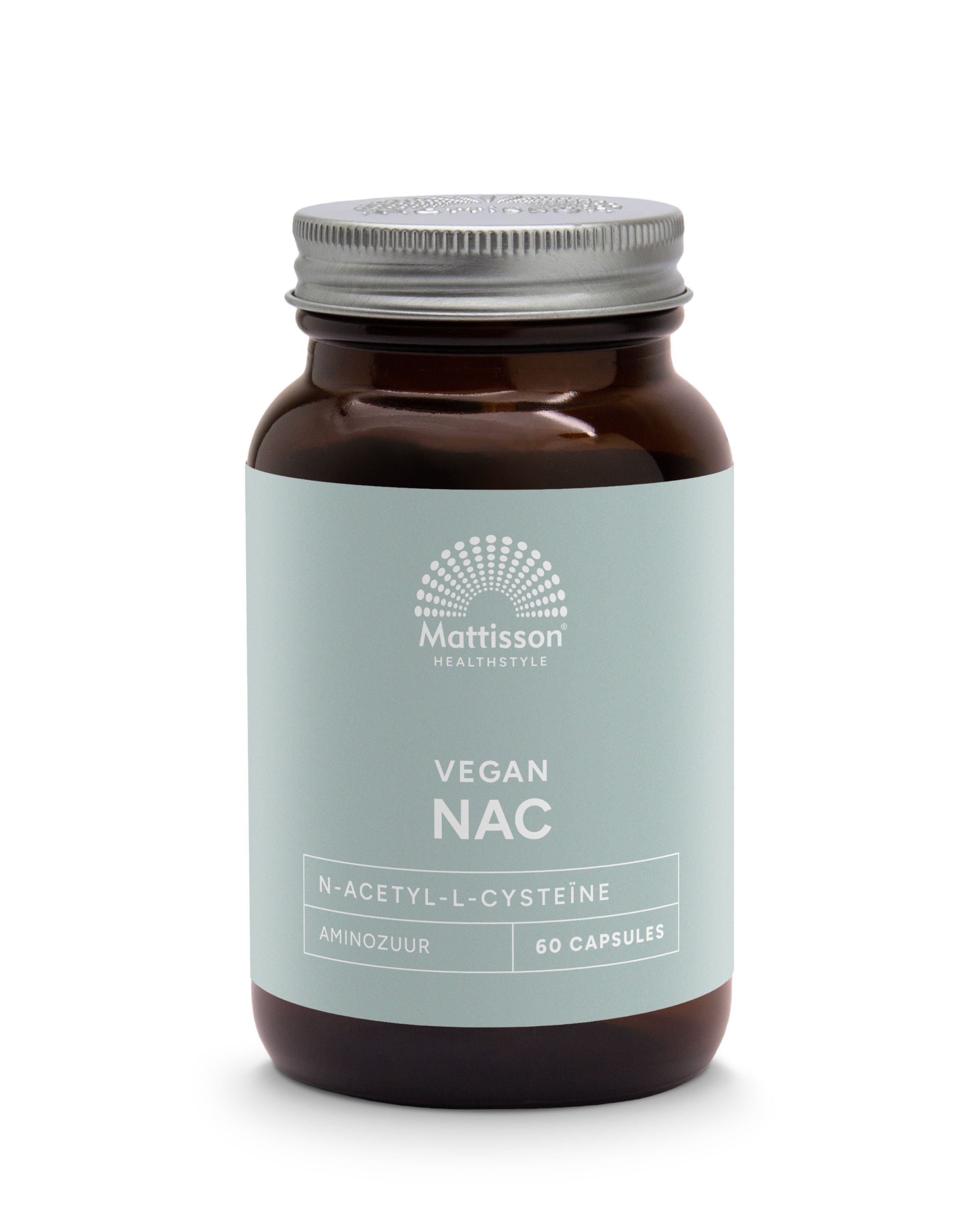 Mattisson NAC N-Acetyl L-Cysteine 600mg vegetarian capsules, dietary supplement for amino acids, shown in bottle.