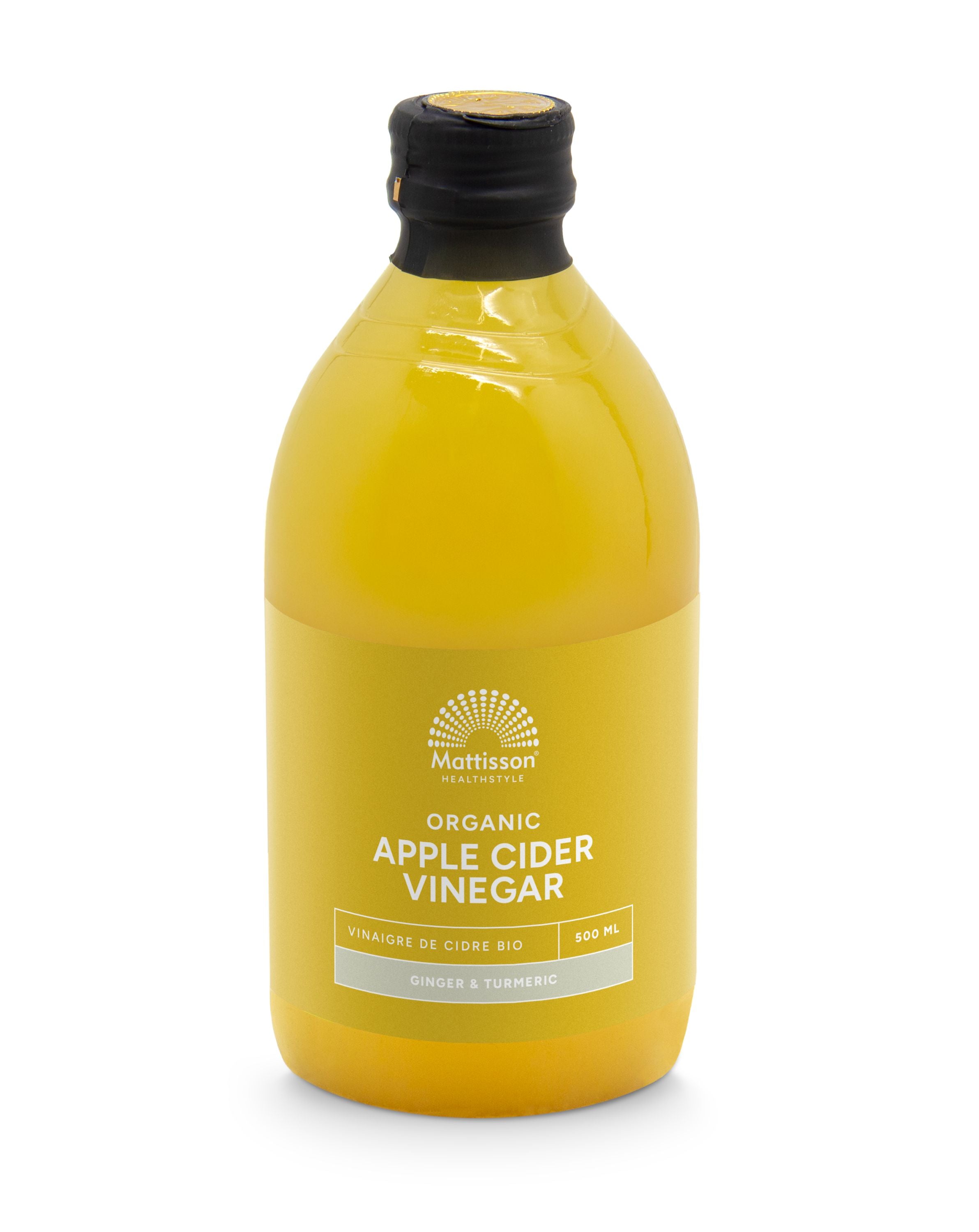 Mattisson organic apple cider vinegar with ginger and turmeric in a 500ml bottle, for healthy drinks and wellness.
