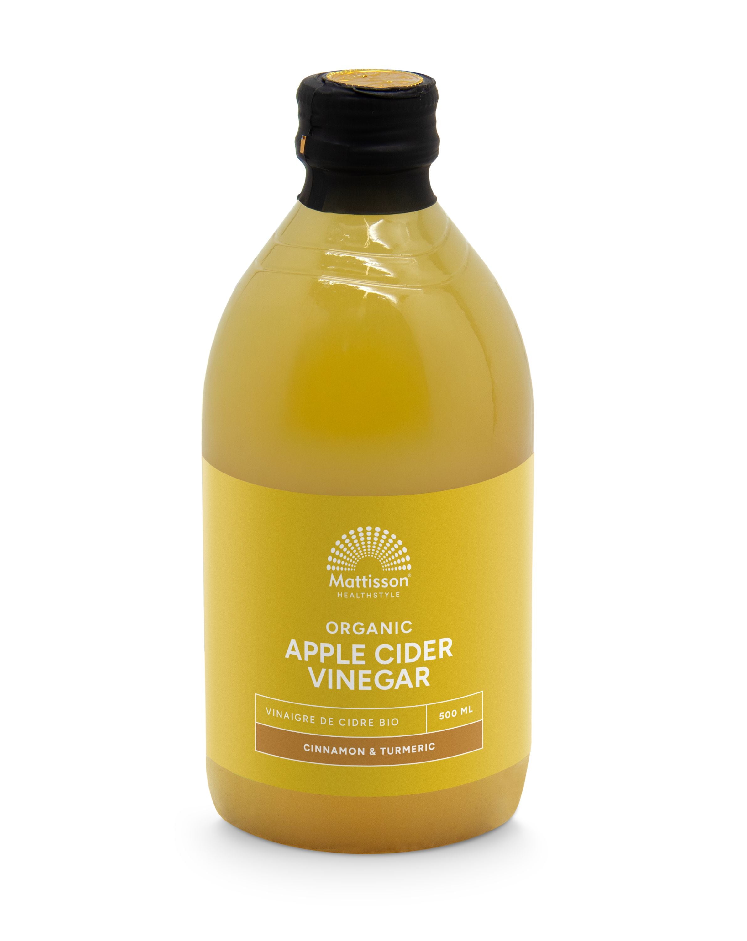 Mattisson Apple Cider Vinegar with cinnamon and turmeric in a 500ml bottle, natural drink and supplement with herbal benefits.