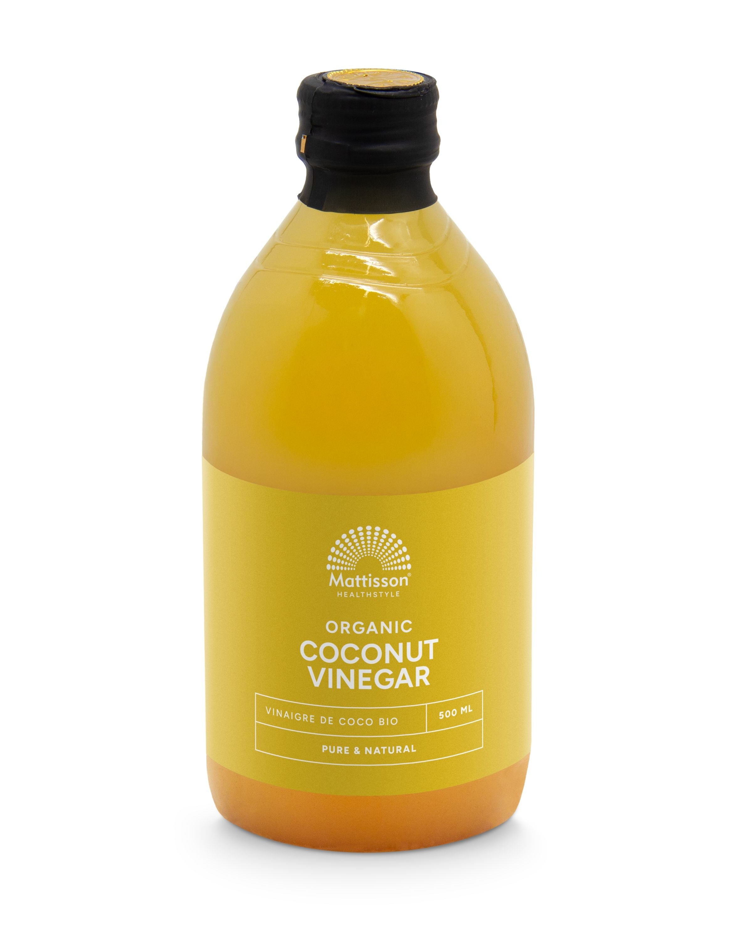 Bottle of Mattisson Organic Coconut Vinegar, 500ml, in a clear glass container with a label showing coconut images and product details.
