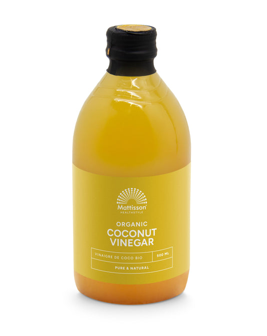 Bottle of Mattisson Organic Coconut Vinegar, 500ml, in a clear glass container with a label showing coconut images and product details.