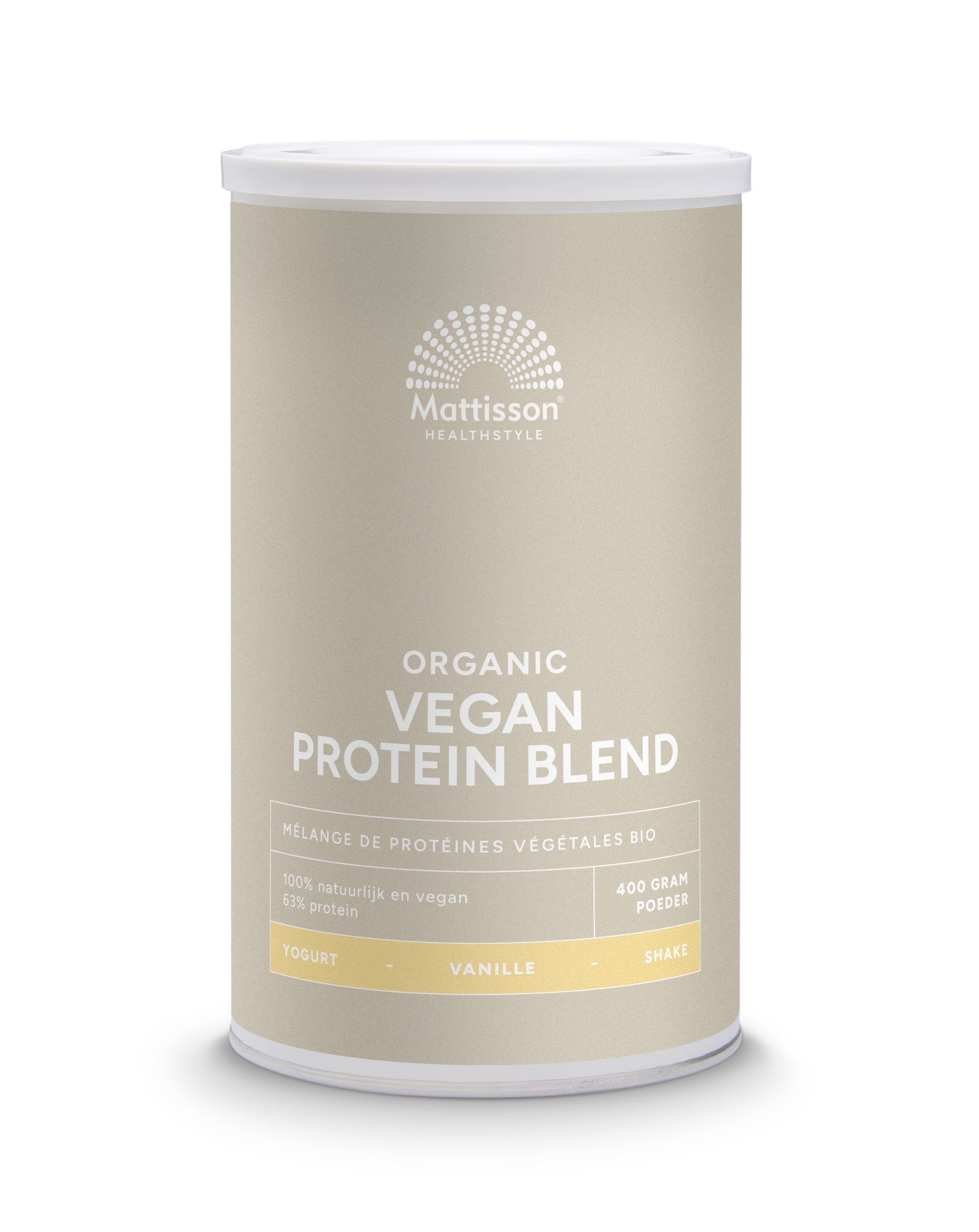 Mattisson Organic vegan protein blend vanilla flavor in a 400g package, raw superfoods supplement with natural ingredients.