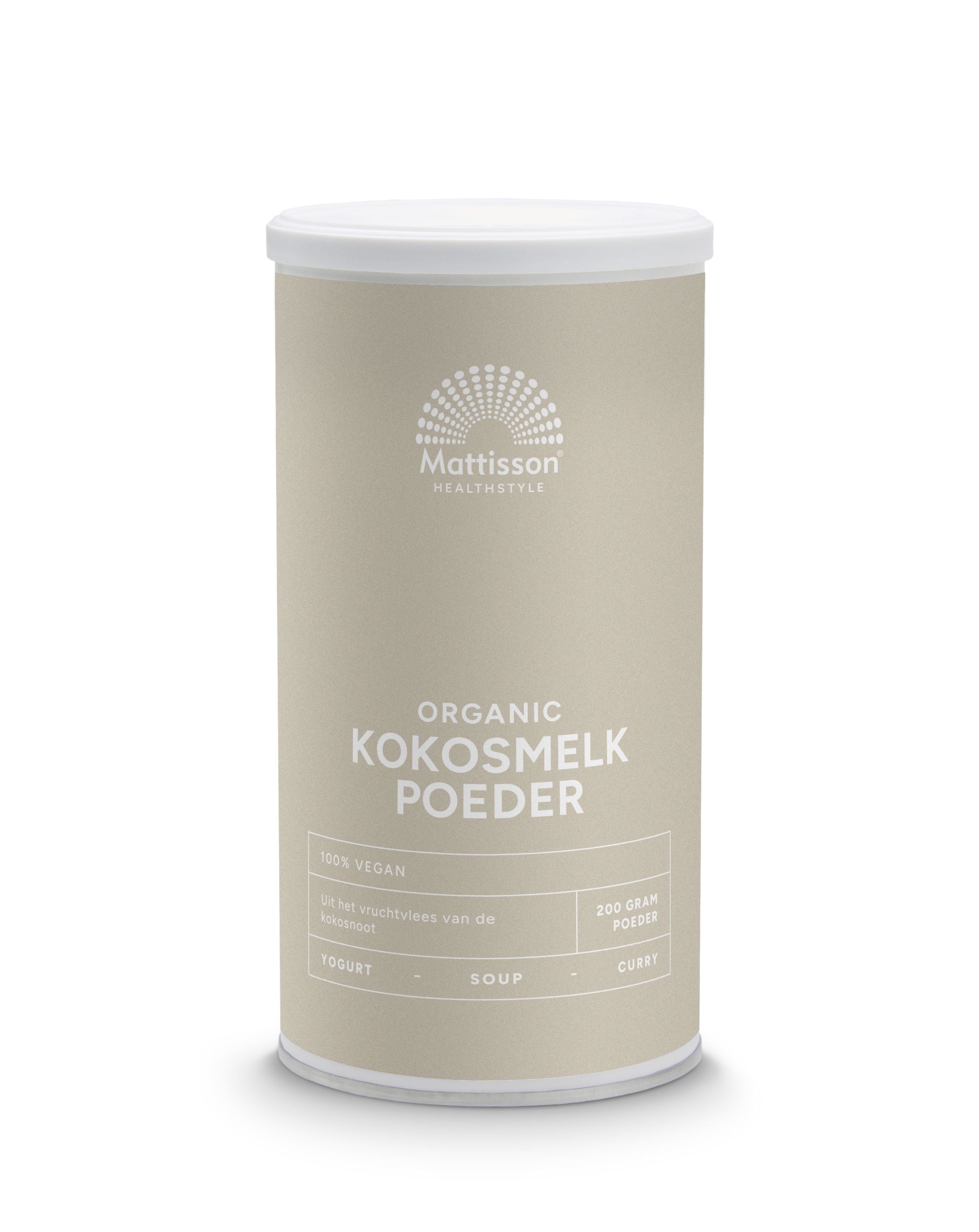 Organic Mattisson Kokosmelk poeder in 200g package, raw superfood coconut milk powder on a white background.