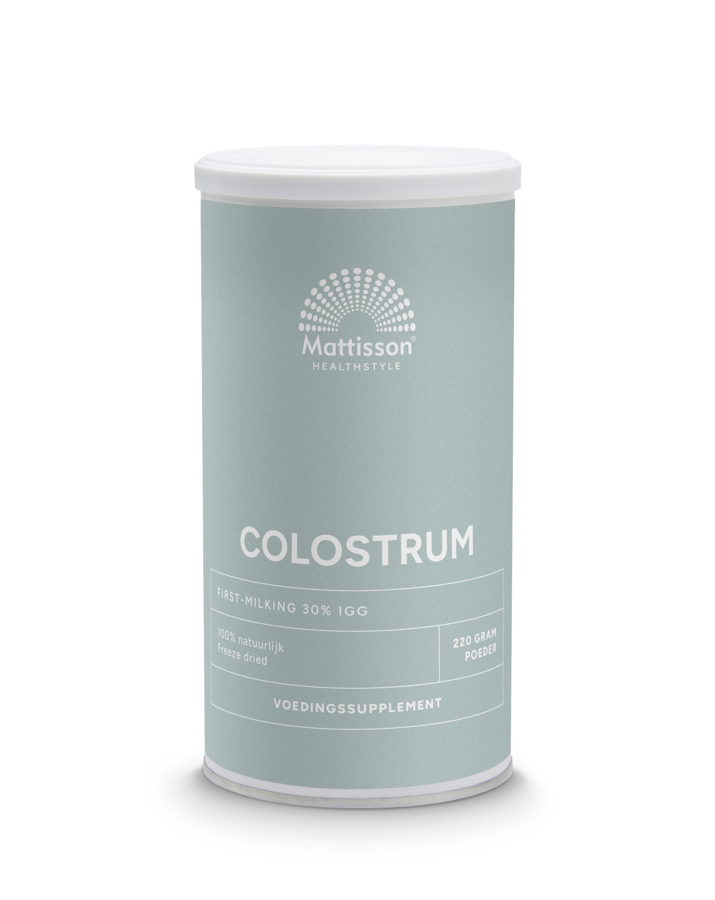 Mattisson Colostrum powder in a 220g container, showing the natural powder texture and packaging.