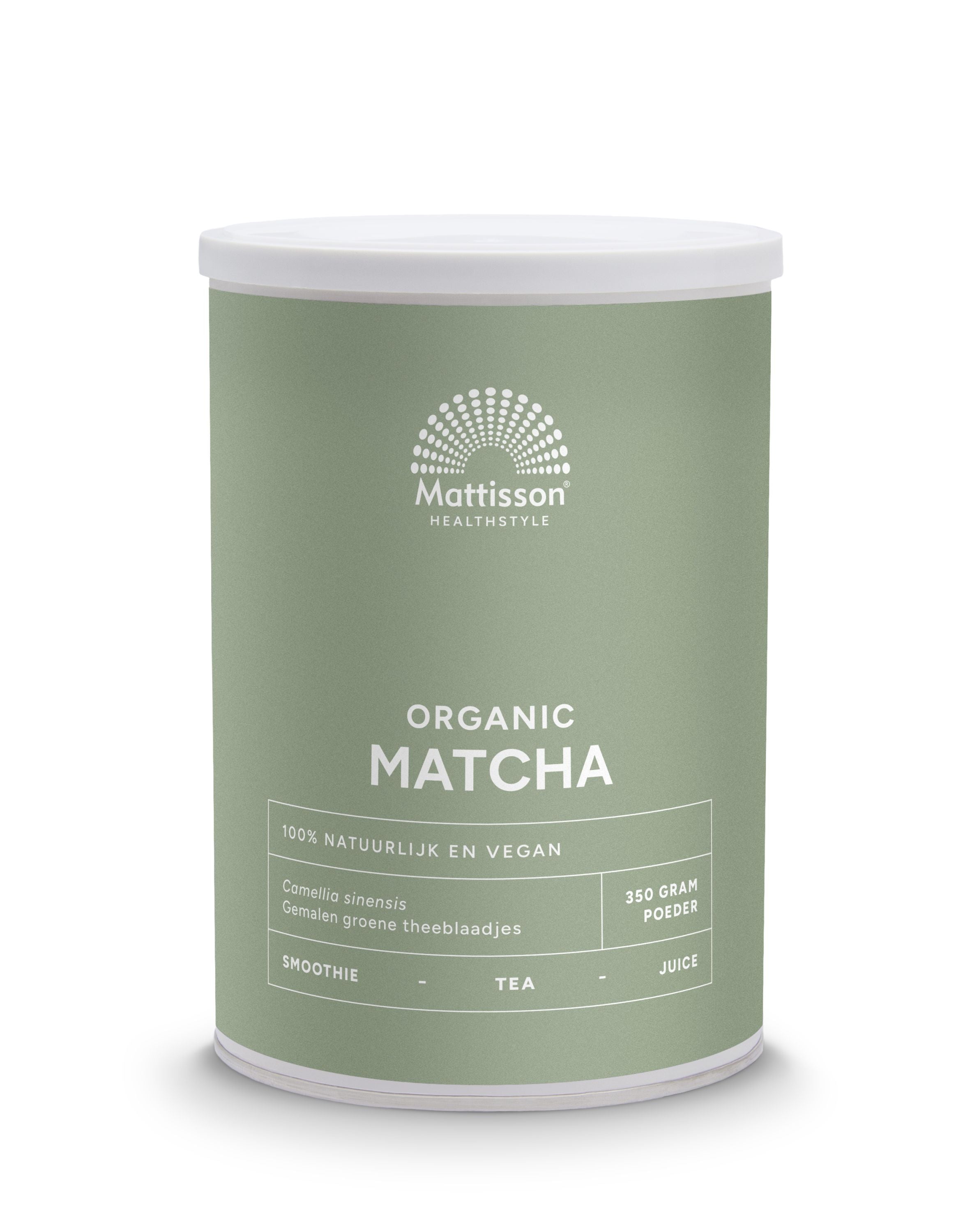 Organic Mattisson Matcha powder in a 350g package, raw superfood green tea powder with vibrant green color.