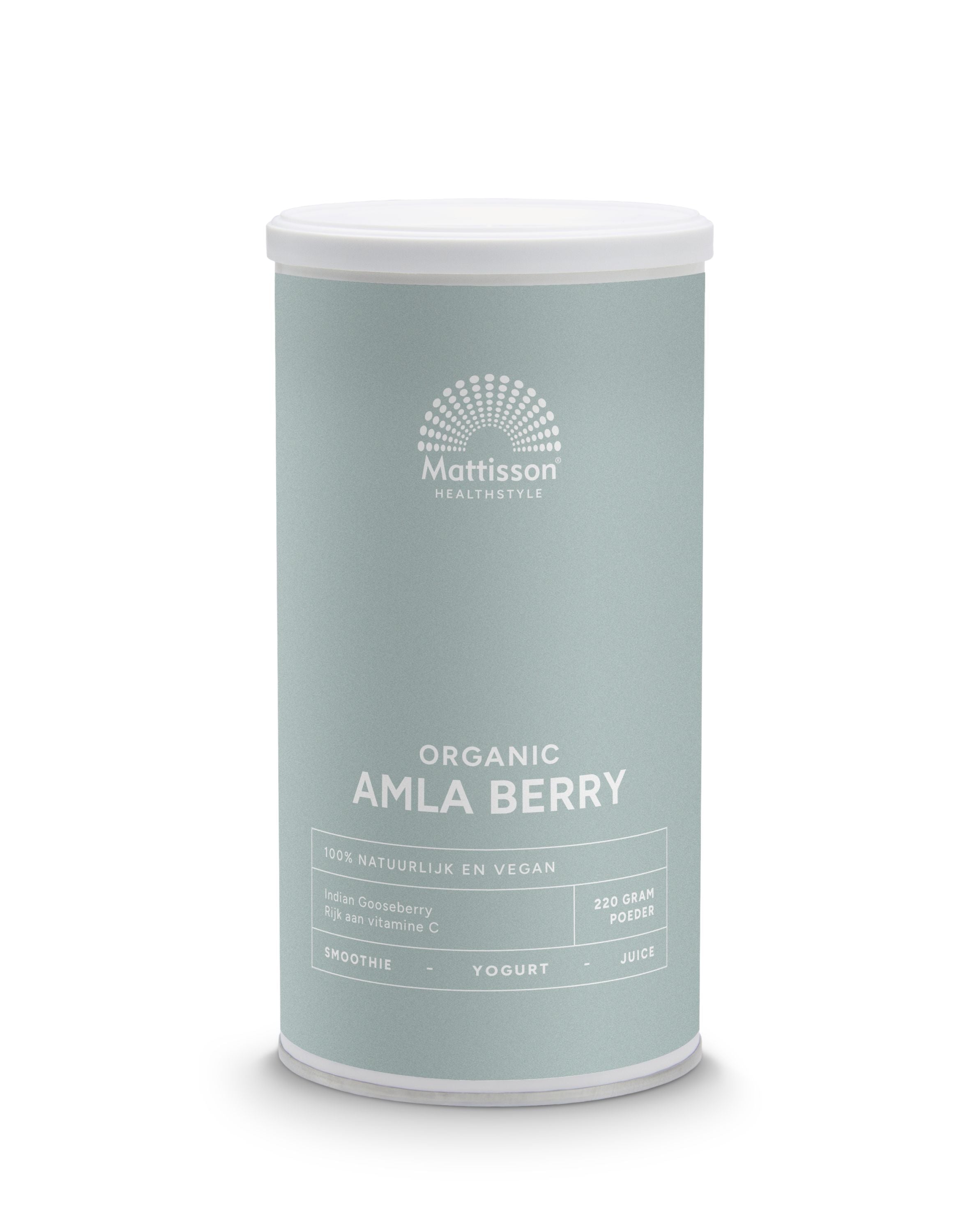 Organic amla berry powder by Mattisson, 220g, showcasing the bright yellow powder in a natural setting.