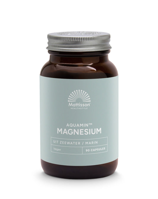 Mattisson Magnesium mineral supplement in vegetarian capsules, made from mineral-rich seawater Aquamin MG, featuring 90 capsules.