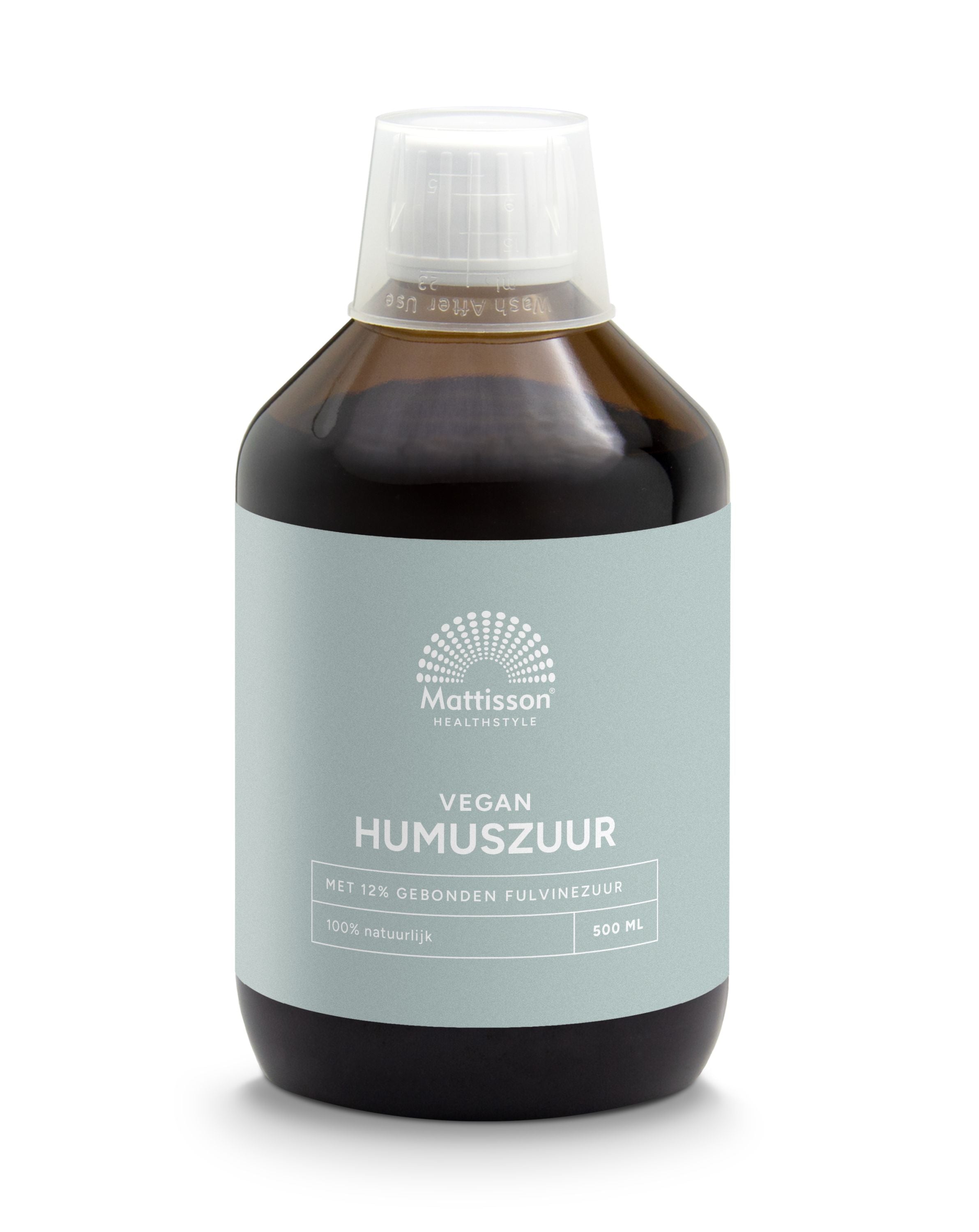 Vegan Mattisson Humuszuur herbal supplement bottle, 500ml, in a natural setting with product label visible.