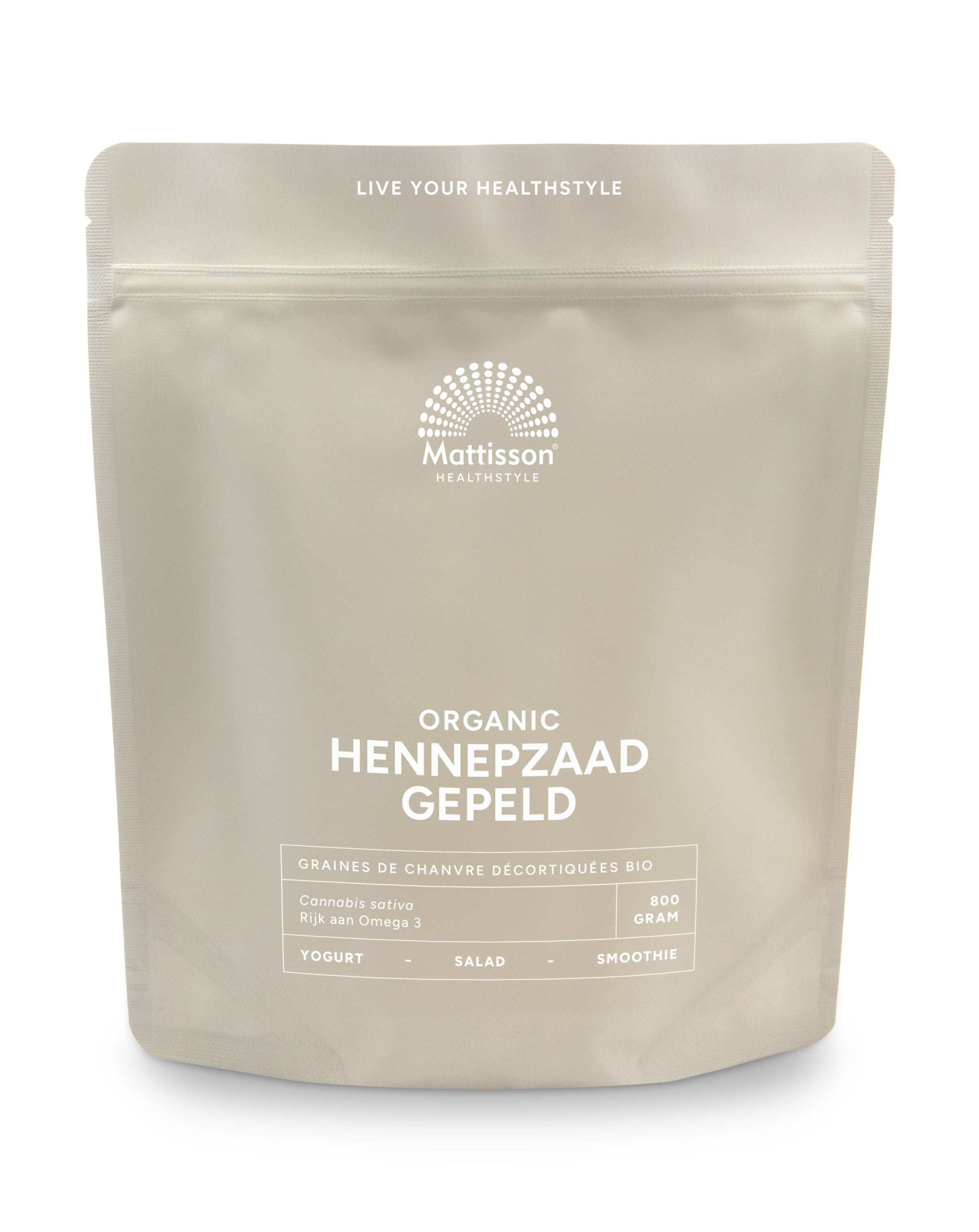 Raw organic hemp seeds from Mattisson, 800g package, displaying shelled hemp seeds in a clear view.