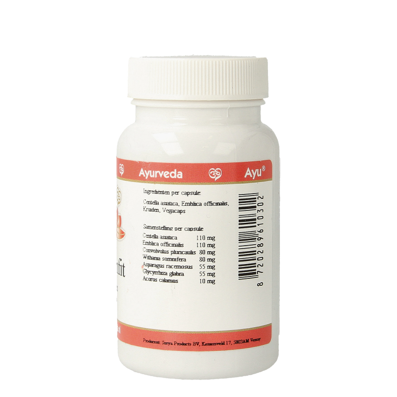 Ayurveda BR Brainfit herbal capsules in a bottle, featuring natural ingredients for mental clarity and focus.