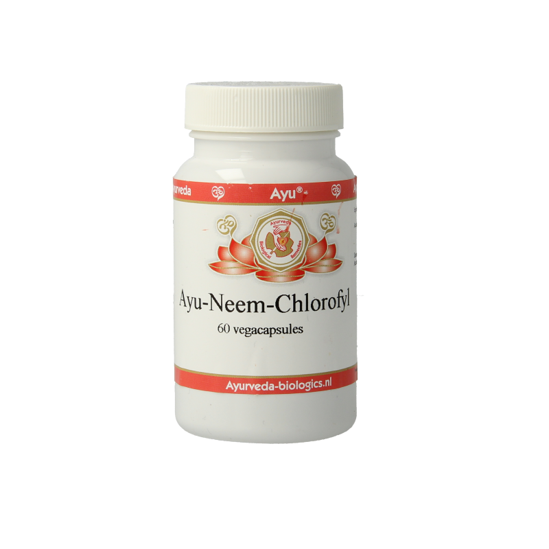 Ayurveda BR Neem Chlorofyl vegetarian capsules in a bottle, herbal supplement for natural health support.