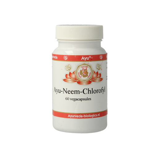 Ayurveda BR Neem Chlorofyl vegetarian capsules in a bottle, herbal supplement for natural health support.