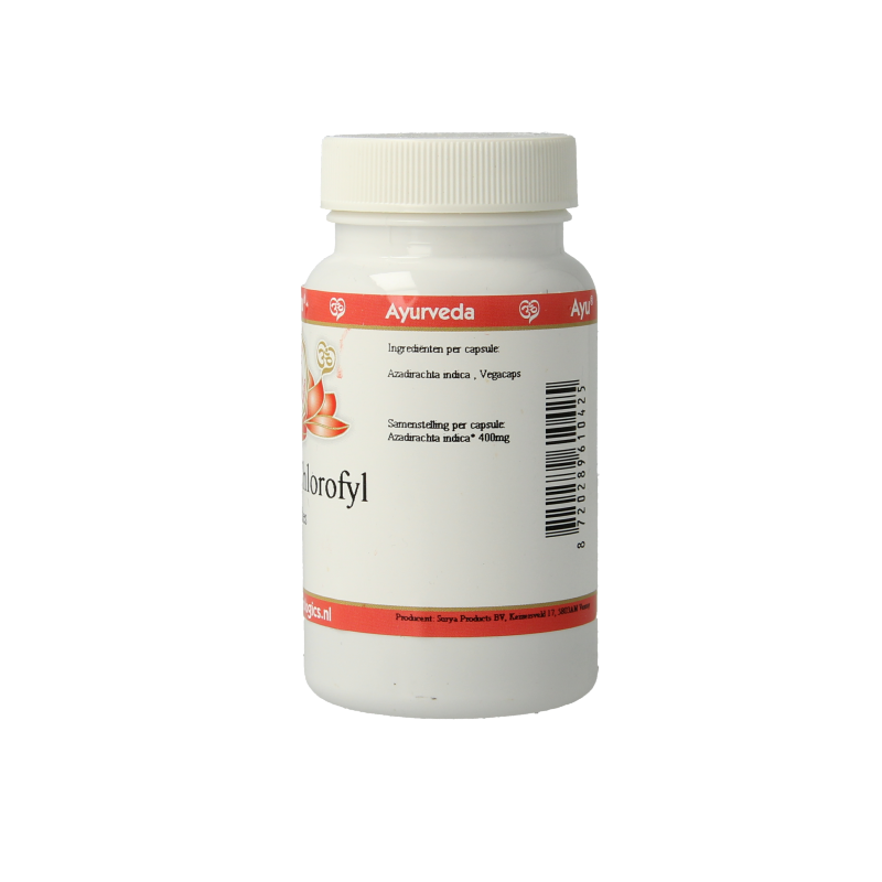 Ayurveda BR neem chlorofyl herbal capsules in a bottle, vegetarian dietary supplement by Ayurveda BR.