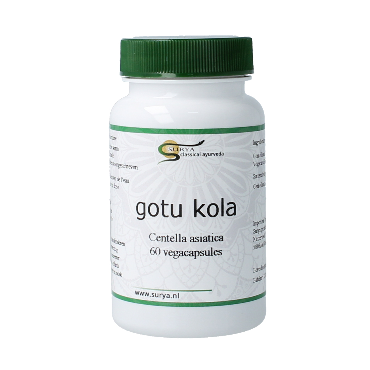 Surya Gutu Kola Centella Asiatic capsules in a bottle, herbal supplement from Surya, with 60 capsules for wellness.