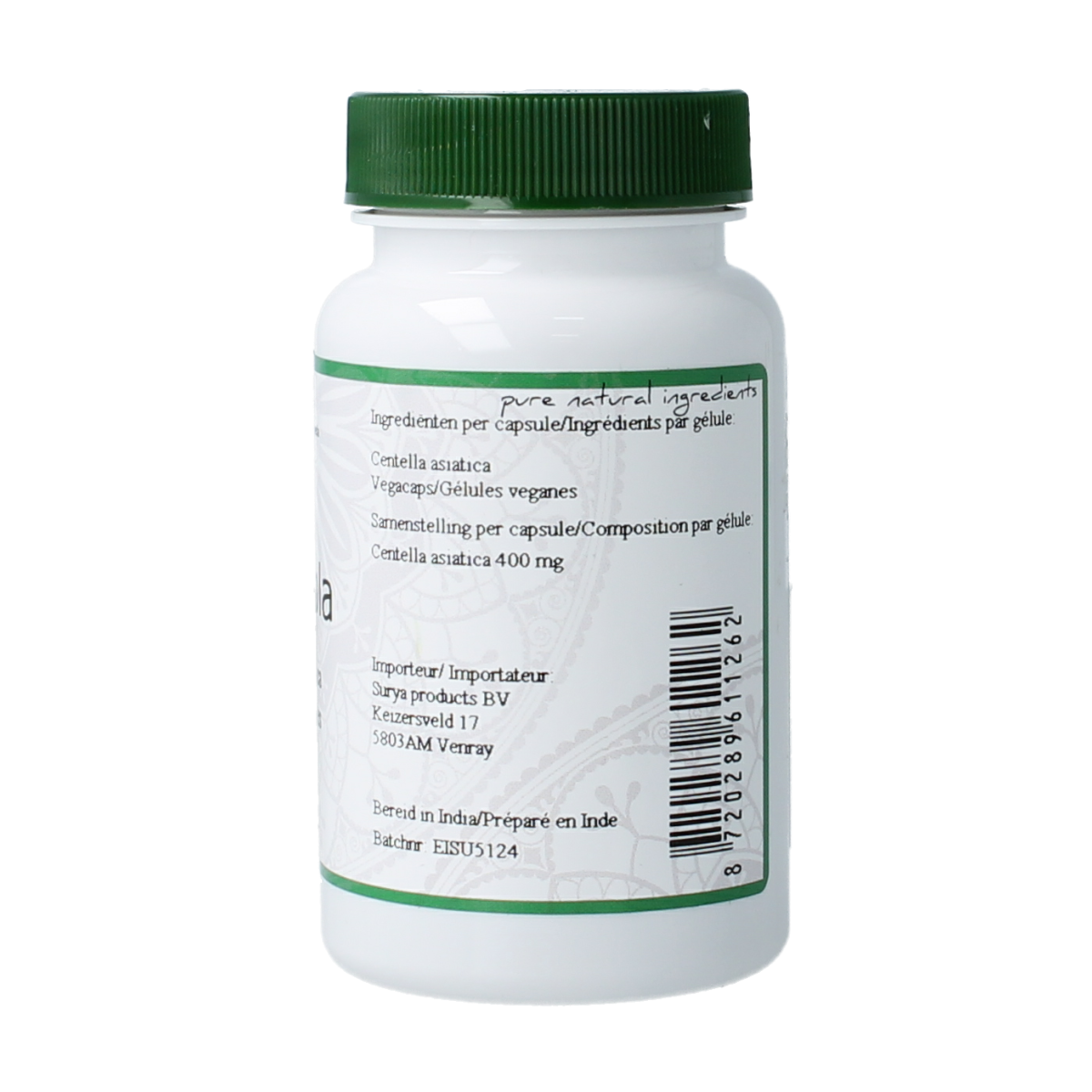 Surya Gutu Kola Centella Asiatic capsules, herbal supplement bottle with 60 capsules, featuring green label and supplement branding