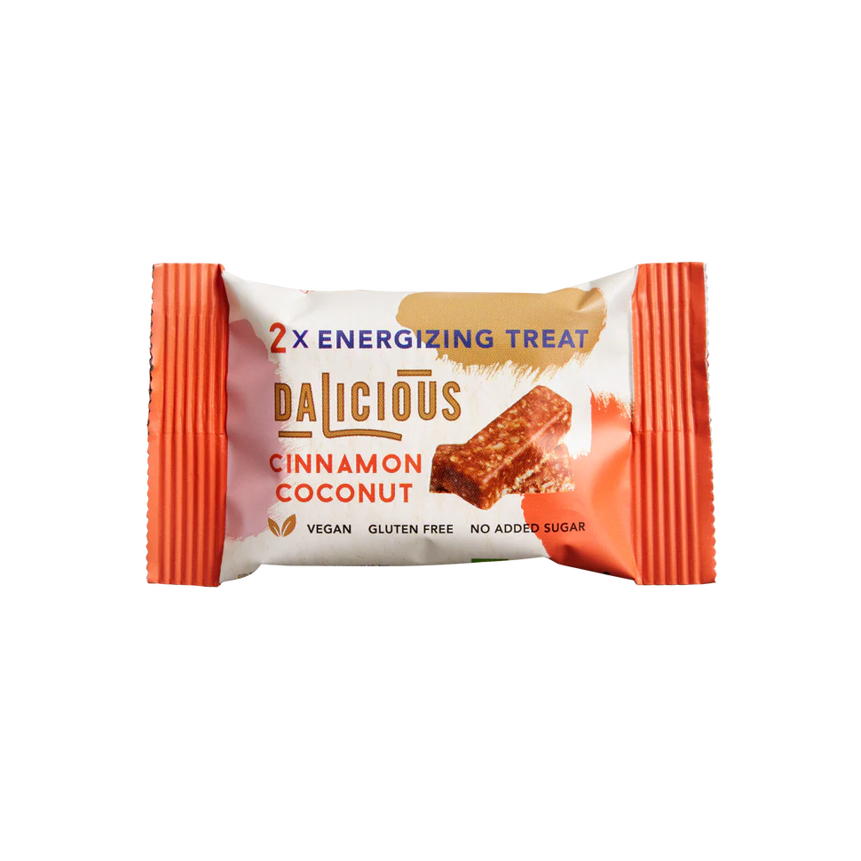 Dalicious Organic cinnamon coconut treats in 30g package, healthy snacks with cinnamon and coconut flavor, ready to enjoy.