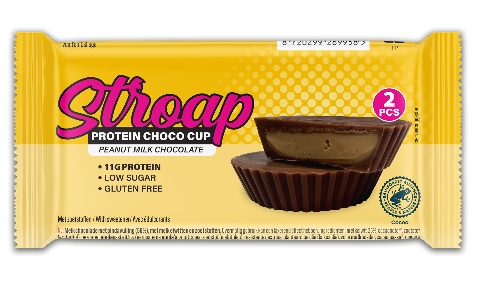 Stroap Protein Peanut Butter Cup in milk chocolate, 42g, with creamy peanut butter filling and smooth chocolate coating.