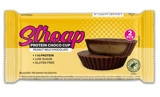 Stroap Protein Peanut Butter Cup in milk chocolate, 42g, with creamy peanut butter filling and smooth chocolate coating.