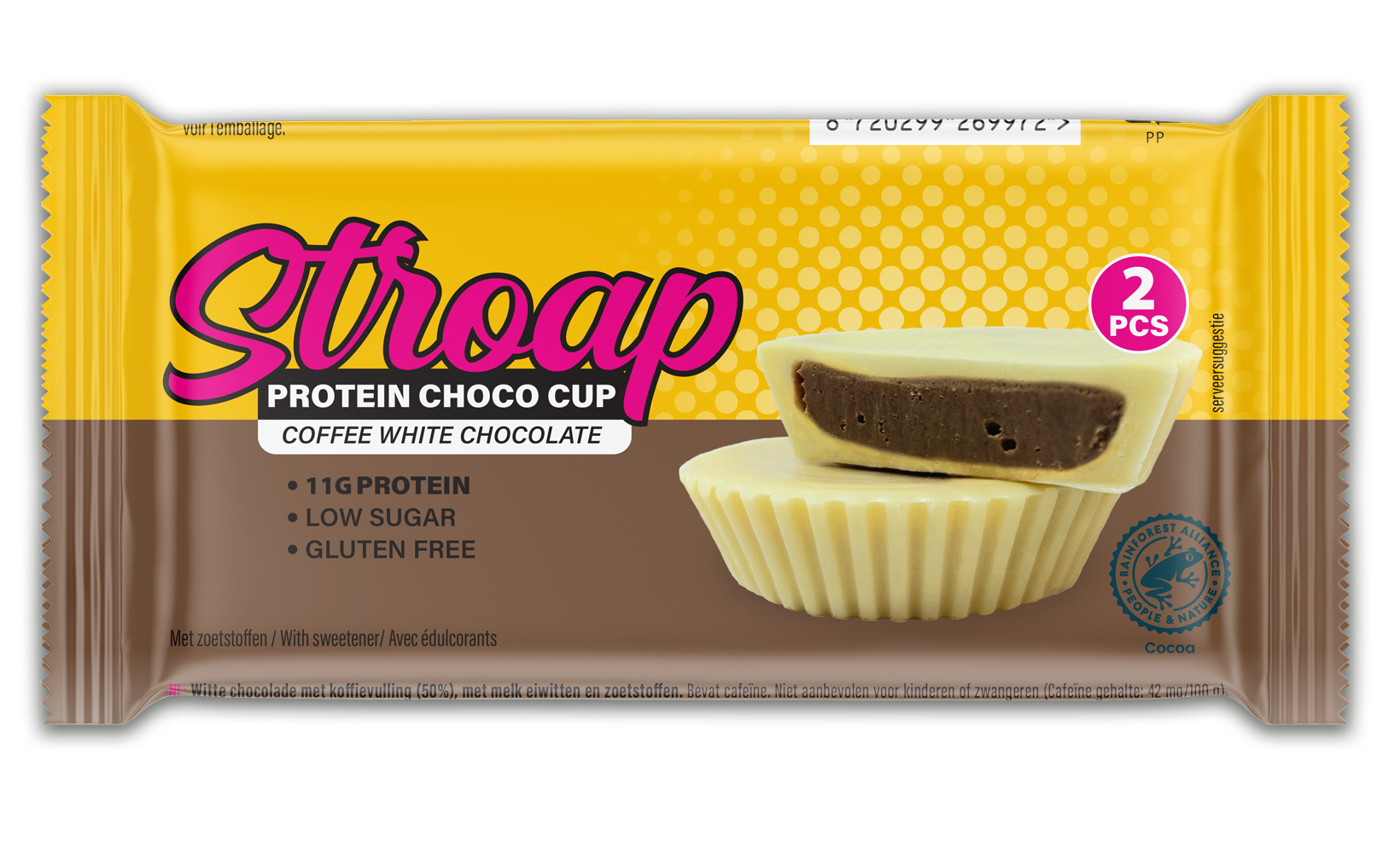 Stroap Protein Choco Cup coffee with white chocolate, 42g, featuring a chocolate bar with coffee flavor and white chocolate coating.