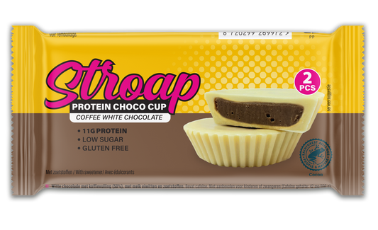 Stroap Protein Choco Cup coffee with white chocolate, 42g, featuring a chocolate bar with coffee flavor and white chocolate coating.