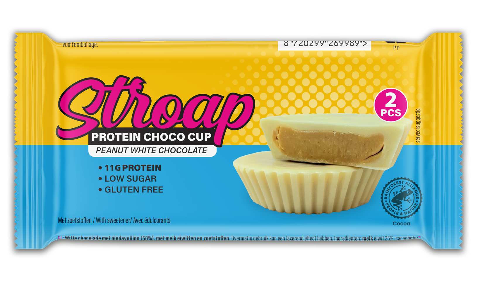 Stroap Protein Choco Cup with peanut and white chocolate in a 42g chocolate snack container.