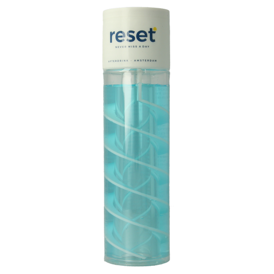 Reset After Drink 80ml with 7g of multi-vitamin powder, shown in a clear glass with colorful liquid.
